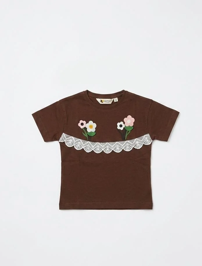 CATFISH GIRLS SHORT SLEEVE TOP WITH WHITE LACE FOR SUMMER WEAR