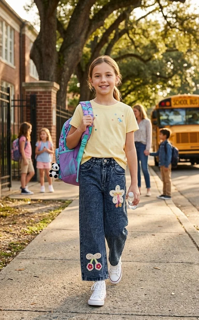 GIRLS BAGGY JEANS WITH COLOURFUL FLOWER FOR SUMMER WEAR