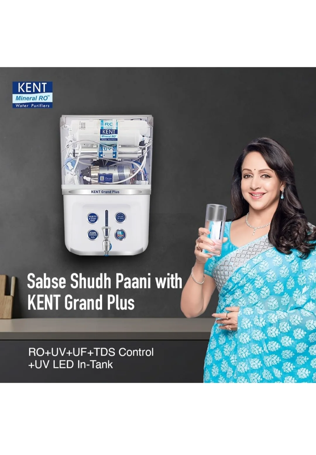 KENT Grand Plus RO Water Purifier | 4 Years Free Service | ISI Marked | Multiple Purification Process | RO + UV + UF + TDS Control + UV LED Tank | 9L Tank | 20 LPH Flow | Zero Water